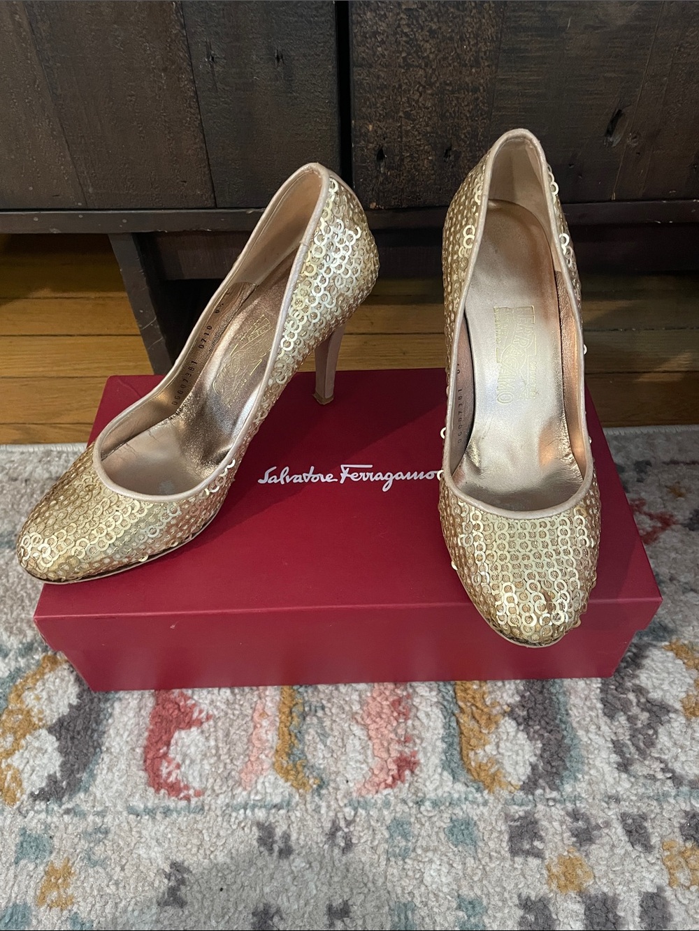 Salvatore Ferragamo Gold Sequin Pointed Toe Pumps